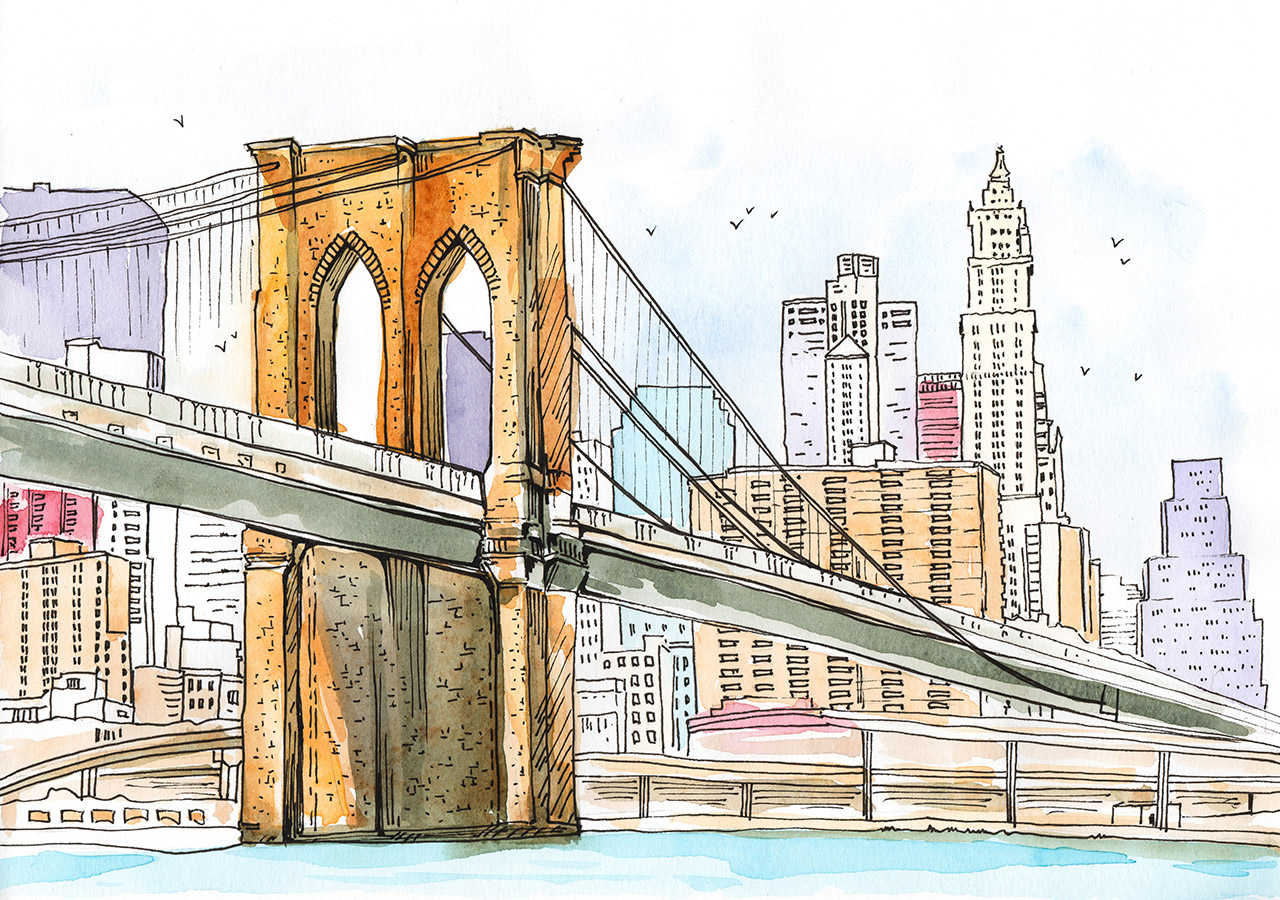 Brooklyn,Bridge,In,New,York,,Watercolor,Sketch,Hand,Drawing.